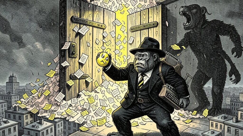 Ink illustration: the Lemondrilla gorilla marches through a blizzard of rejection letters holding an angry lemon, a giant door slamming in the sky, his shadow a roaring beast
