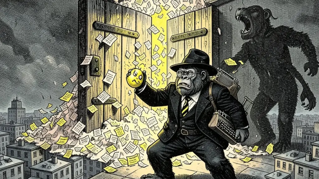 Ink illustration: the Lemondrilla gorilla marches through a blizzard of rejection letters holding an angry lemon, a giant door slamming in the sky, his shadow a roaring beast