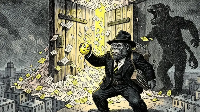 Ink illustration: the Lemondrilla gorilla marches through a blizzard of rejection letters holding an angry lemon, a giant door slamming in the sky, his shadow a roaring beast
