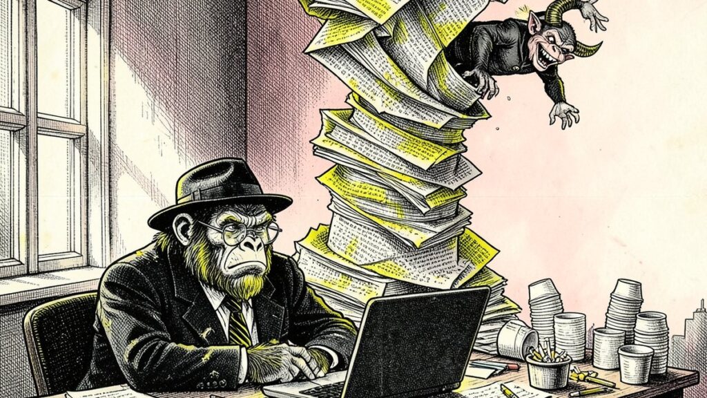 Ink illustration: the exhausted Lemondrilla gorilla at dawn beside a tornado of manuscript pages with a devil somersaulting at the top, coffee cups everywhere