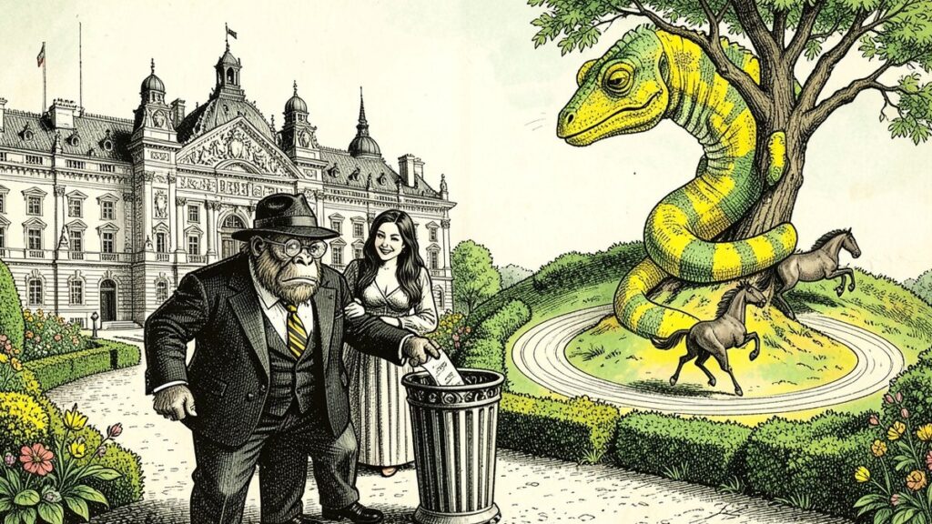Ink illustration: outside a baroque palace the Lemondrilla gorilla drops a certificate into a trash can beside his smiling wife, a lemon-green chameleon coiled on a tree above circling horses