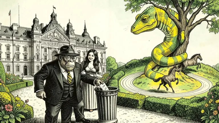 Ink illustration: outside a baroque palace the Lemondrilla gorilla drops a certificate into a trash can beside his smiling wife, a lemon-green chameleon coiled on a tree above circling horses