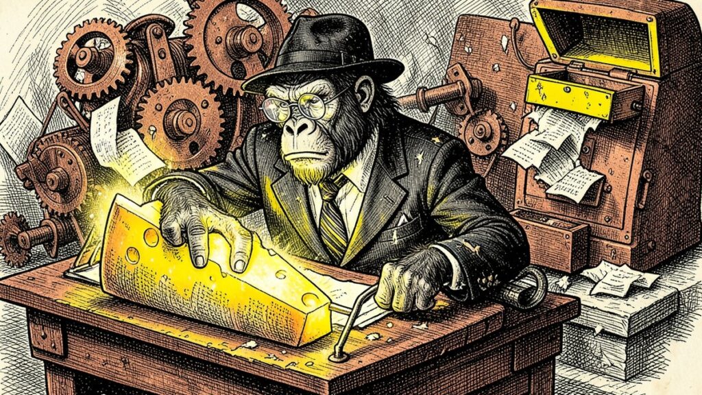 Ink illustration: the Lemondrilla gorilla caught in a desk-shaped mousetrap baited with glowing free cheese, gears chewing manuscript pages, a cash register springing open