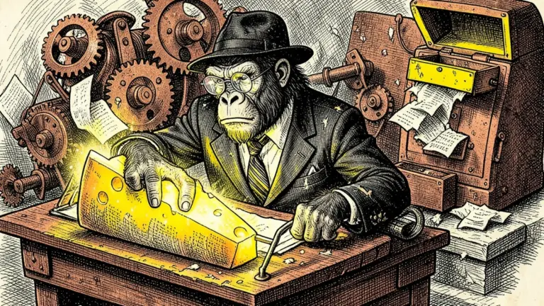 Ink illustration: the Lemondrilla gorilla caught in a desk-shaped mousetrap baited with glowing free cheese, gears chewing manuscript pages, a cash register springing open