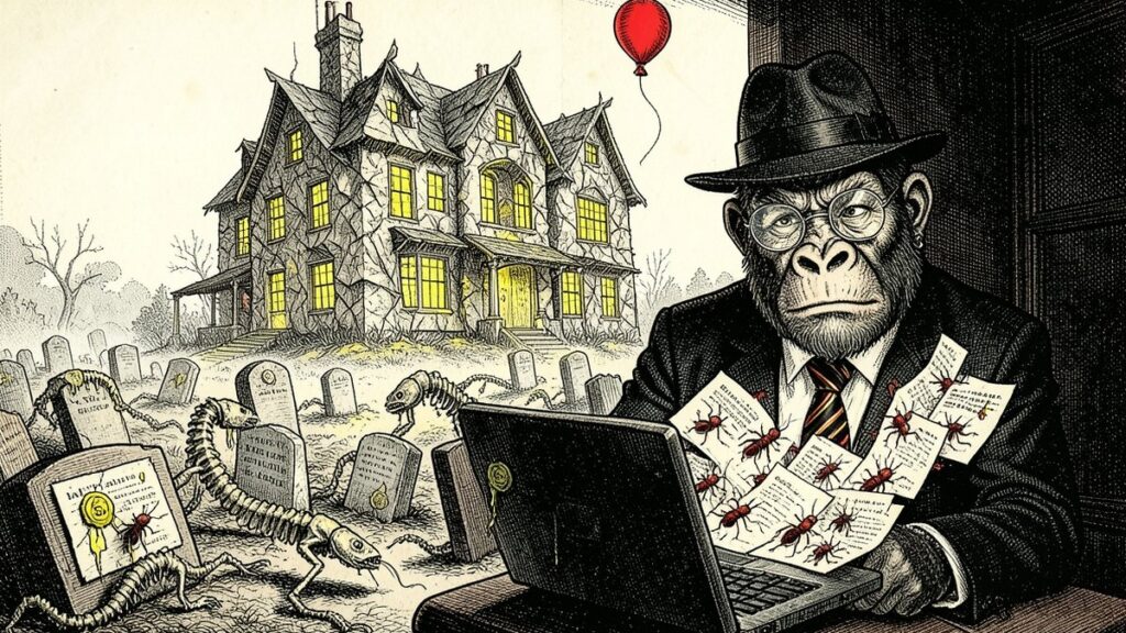Ink illustration: the Lemondrilla gorilla at a laptop as spam letters crawl out like bugs, a haunted mansion and graveyard behind him, a red balloon above