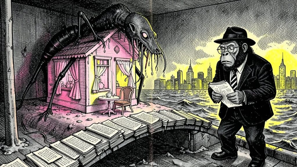 Ink illustration: a black insectoid monster crammed into a pink dollhouse, a bridge of manuscripts stretching to a distant skyline, the Lemondrilla gorilla holding a rejection