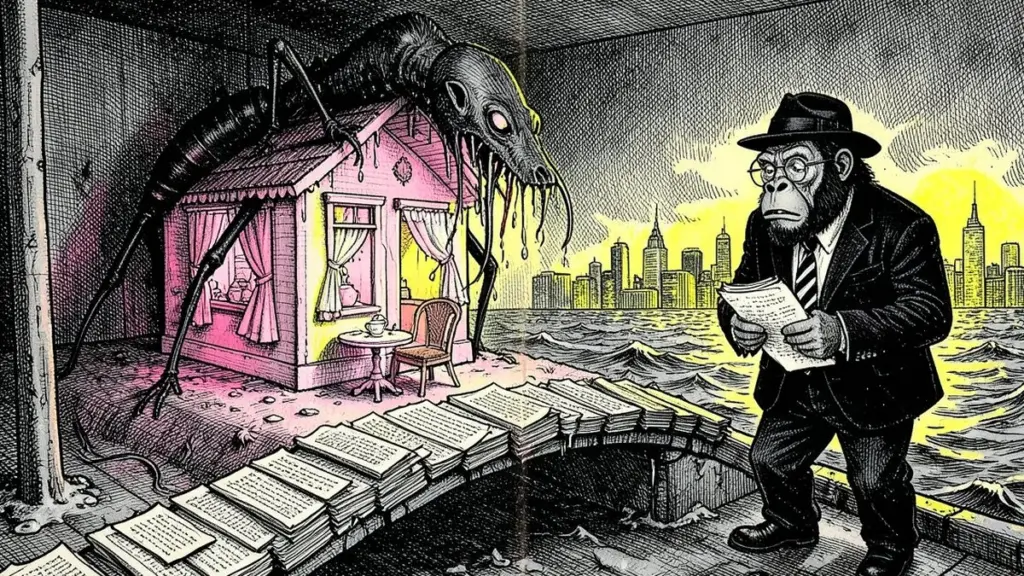 Ink illustration: a black insectoid monster crammed into a pink dollhouse, a bridge of manuscripts stretching to a distant skyline, the Lemondrilla gorilla holding a rejection