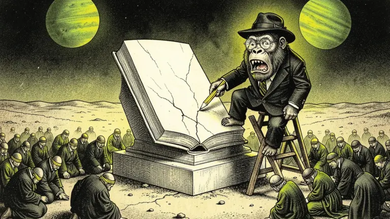 Ink illustration: on a barren moon the Lemondrilla gorilla pokes a cracked marble book monument with a pencil while blindfolded critics bow