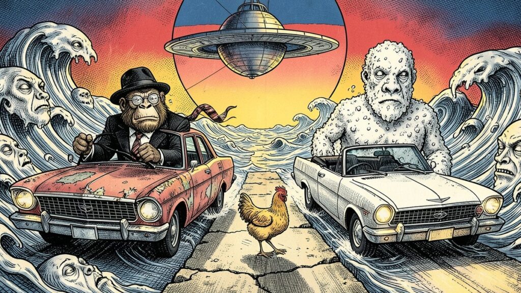 Ink illustration: the Lemondrilla gorilla and a giant made of ocean foam race head-on in vintage cars over a living ocean, a chicken crossing between them