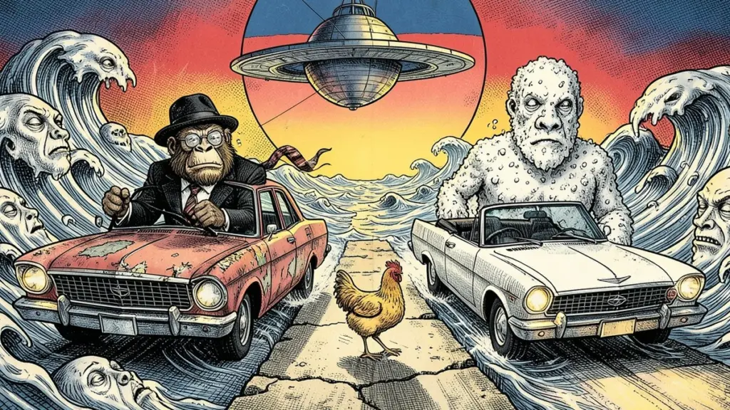 Ink illustration: the Lemondrilla gorilla and a giant made of ocean foam race head-on in vintage cars over a living ocean, a chicken crossing between them