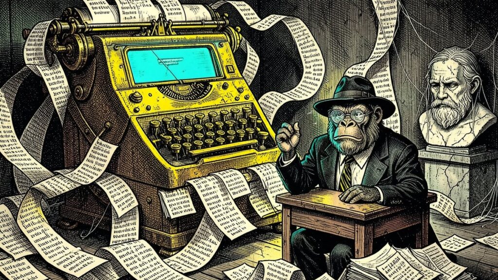 Ink illustration: the Lemondrilla gorilla writer at a desk, buried under endless paper answers spat out by a giant glowing typewriter oracle, while a forgotten philosopher bust watches
