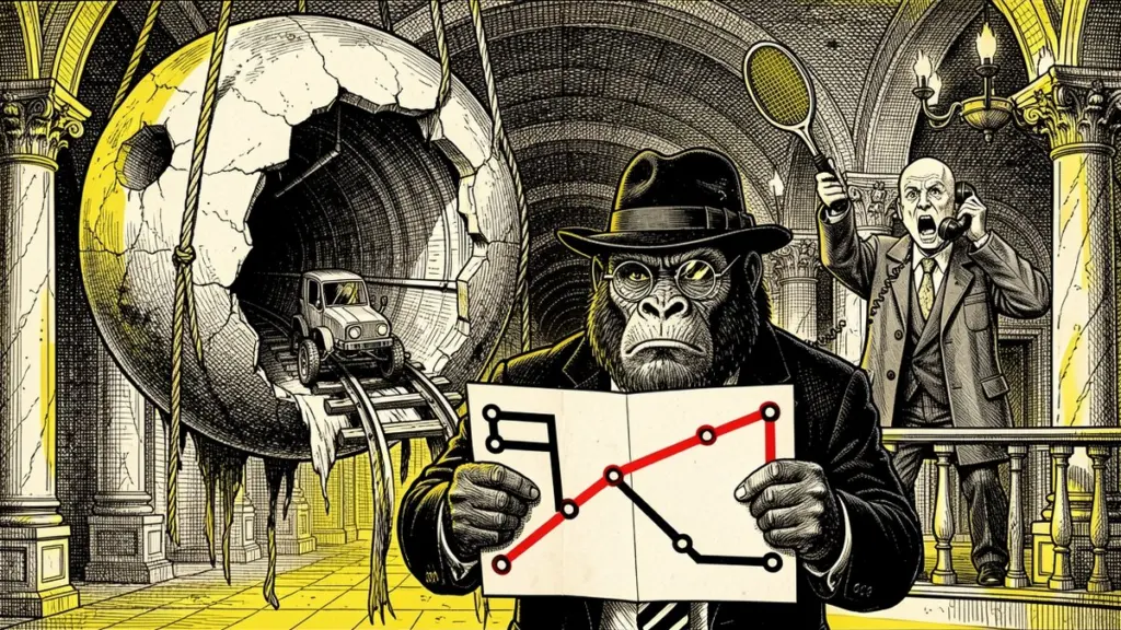 Ink illustration: in an ornate metro hall the Lemondrilla gorilla holds up a subway map with one red line, a hollow papier-mâché Moon with a tunnel and rails inside hangs behind him, a bald man on the balcony shouts into a telephone and waves a tennis racket