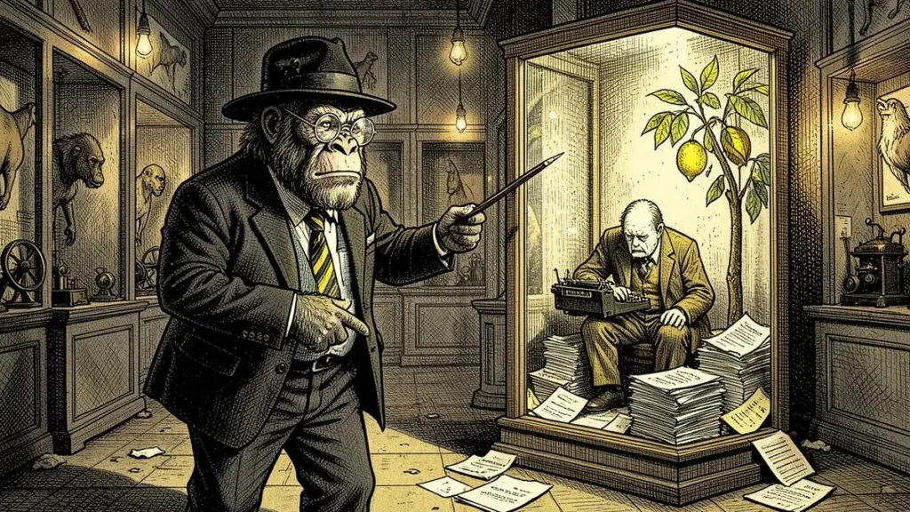 Pen-and-ink illustration: the Lemondrilla gorilla as a museum curator points with a pencil at a glass display case in which a small writer hunches over a typewriter among stacks of rejection letters and a lemon tree