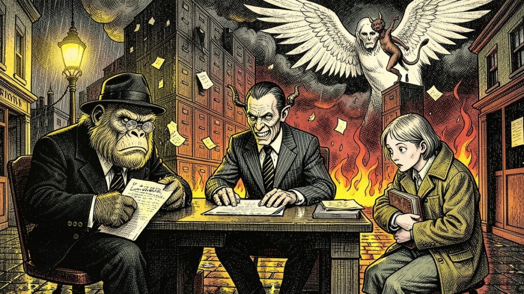 Pen-and-ink illustration: on a rainy London street a grinning horned demon in a pinstripe suit slides a contract across a desk to a frightened young poet while the Lemondrilla gorilla reads a manuscript suspiciously; behind them a burning tower of filing cabinets and a winged archangel with a tiny devil on its shoulder