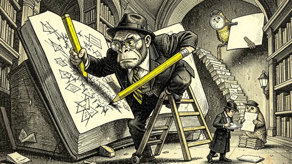 Pen-and-ink illustration: the Lemondrilla gorilla on a library ladder corrects a cathedral-sized dictionary with a giant lemon-yellow pencil, while a tiny editor offers a letter on a silver tray and an owl looks on