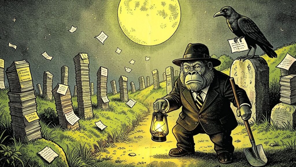 Pen-and-ink illustration: the Lemondrilla gorilla as night caretaker with a lantern and a spade among memorial stones made of stacked manuscripts under a lemon-yellow moon, a raven reading a letter