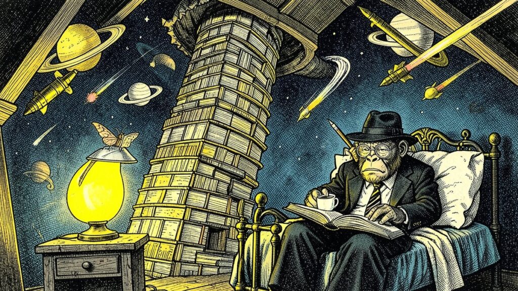 Pen-and-ink illustration: the Lemondrilla gorilla reads in bed beside a tower of books rising through the attic roof into a sky of planets and rockets