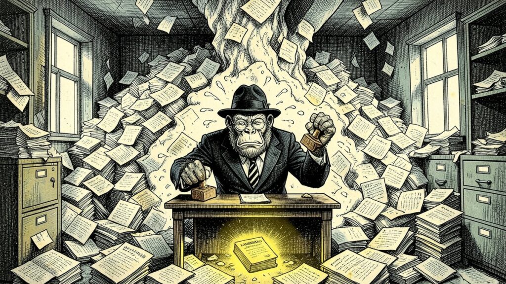 Pen-and-ink illustration: the Lemondrilla gorilla buried in an avalanche of manuscripts, stamping furiously with a rubber stamp in each fist while a golden manuscript glows unnoticed under the desk